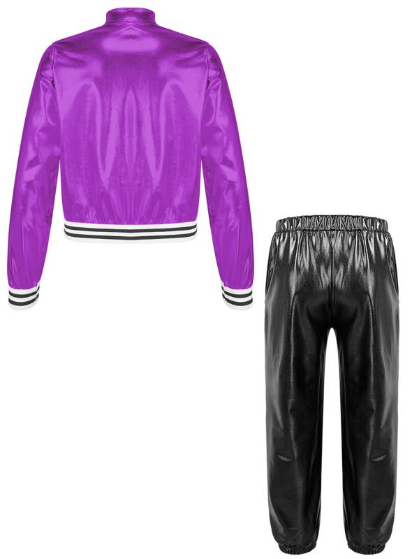 Kids Girls Metallic Zipper Jacket and Pants Sport Sets thumb