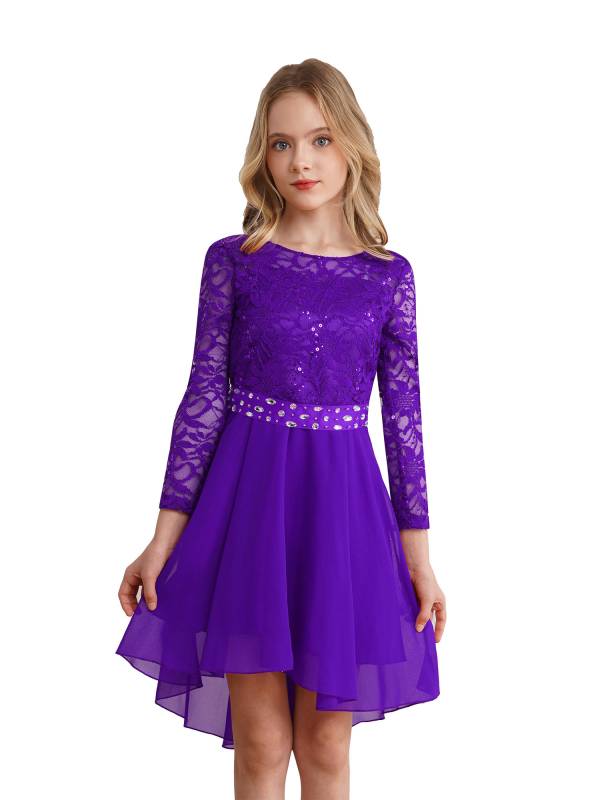 Kids Girls Lace and Chiffon Splicing Long Sleeves Prom Dress thumb