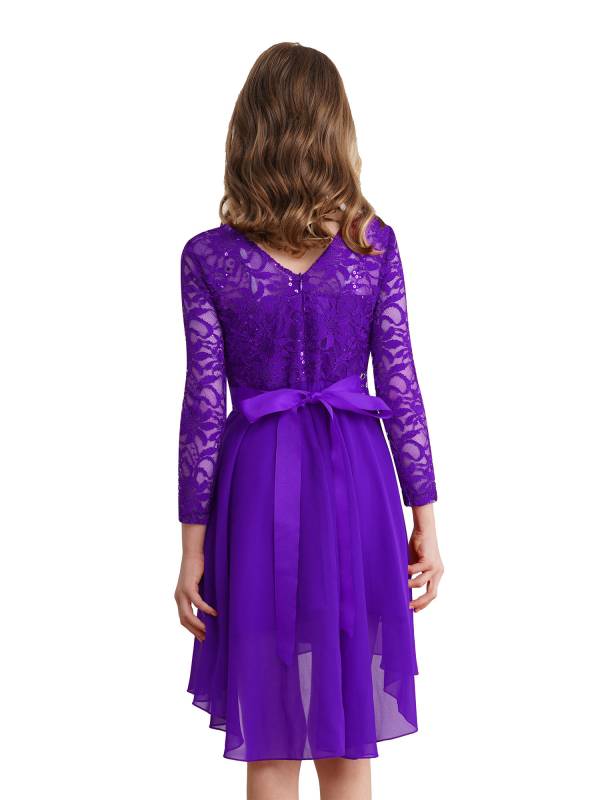 Kids Girls Lace and Chiffon Splicing Long Sleeves Prom Dress thumb