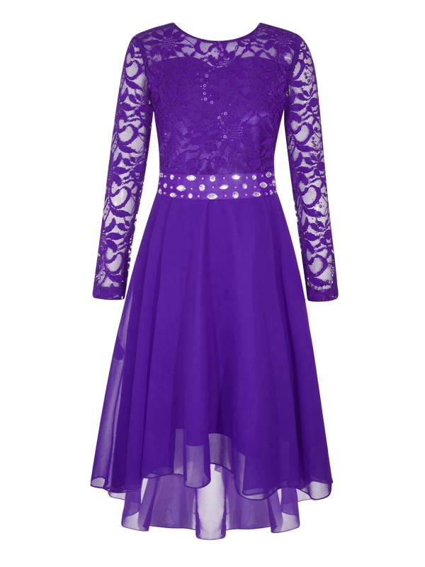 Kids Girls Lace and Chiffon Splicing Long Sleeves Prom Dress thumb