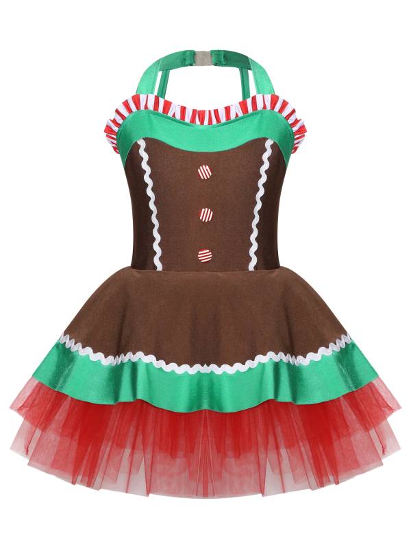 Kids Girls Christmas Gingerbread Man Costume Sleeveless Halter Neck Tutu Dress thumb