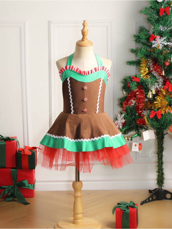 Kids Girls Christmas Gingerbread Man Costume Sleeveless Halter Neck Tutu Dress thumb