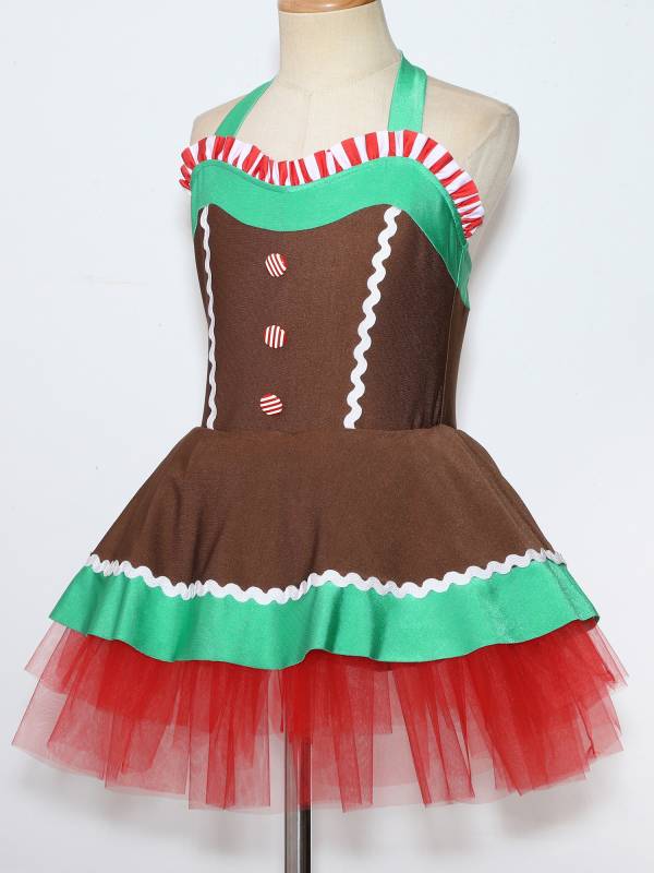 Kids Girls Christmas Gingerbread Man Costume Sleeveless Halter Neck Tutu Dress thumb