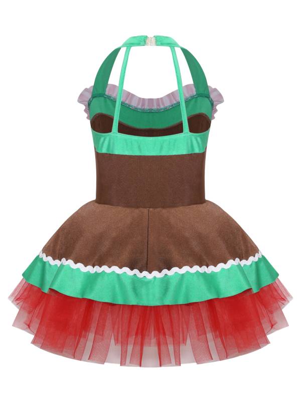 Kids Girls Christmas Gingerbread Man Costume Sleeveless Halter Neck Tutu Dress thumb