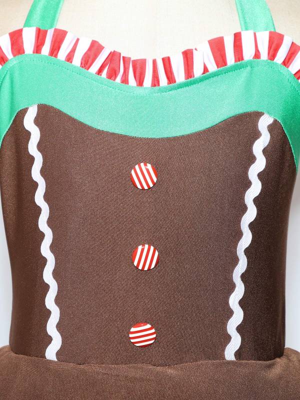 Kids Girls Christmas Gingerbread Man Costume Sleeveless Halter Neck Tutu Dress thumb