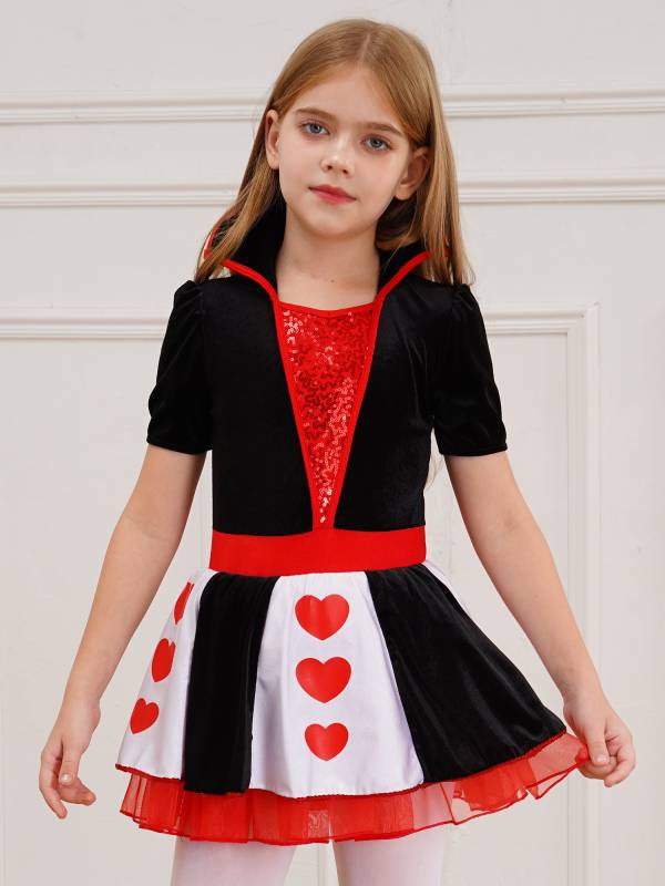 Kids Girls Queen of Heart Costume Short Sleeve Sequins Tutu Dress thumb