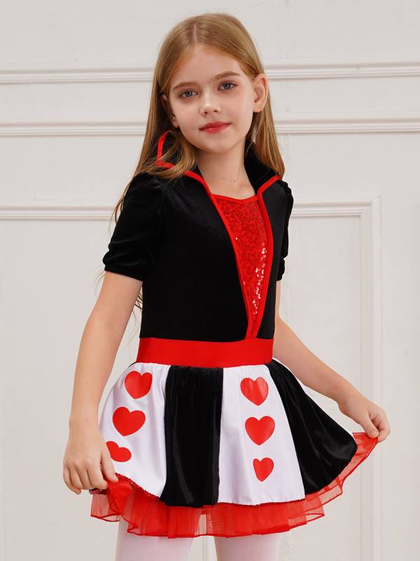 Kids Girls Queen of Heart Costume Short Sleeve Sequins Tutu Dress thumb