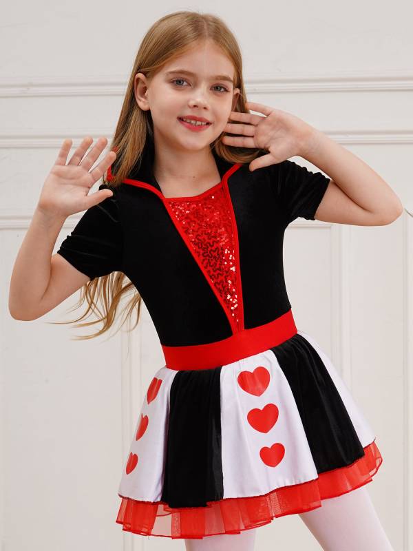 Kids Girls Queen of Heart Costume Short Sleeve Sequins Tutu Dress thumb