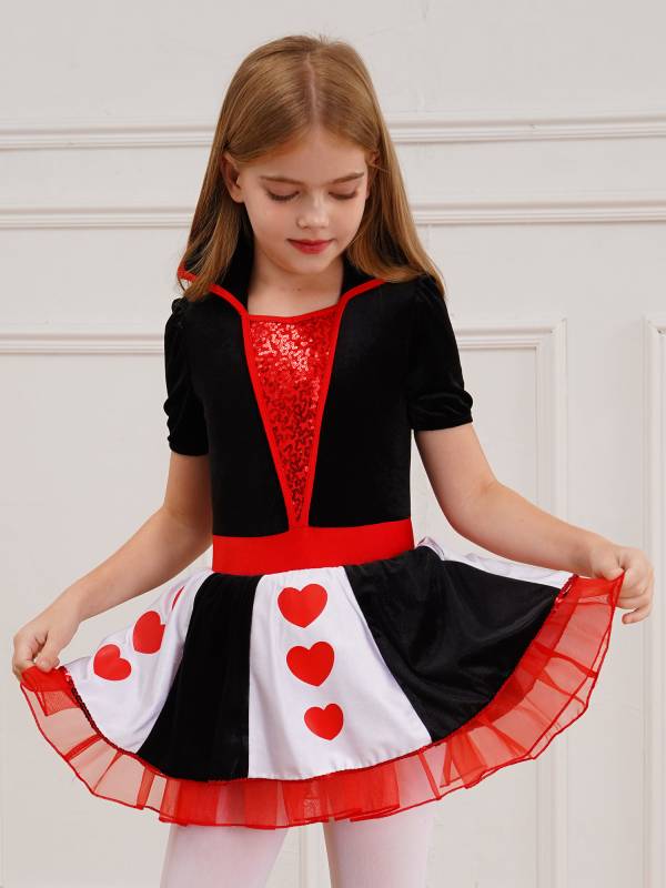 Kids Girls Queen of Heart Costume Short Sleeve Sequins Tutu Dress thumb