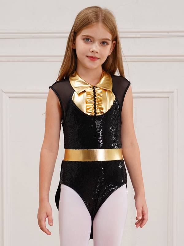 Kids Girls Sleeveless Sequins Tuxedo Bodysuit Circus Magician Costume thumb