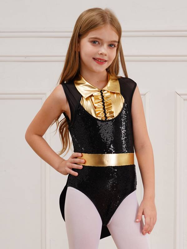 Kids Girls Sleeveless Sequins Tuxedo Bodysuit Circus Magician Costume thumb