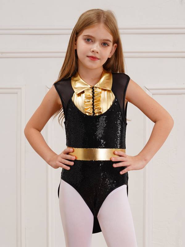 Kids Girls Sleeveless Sequins Tuxedo Bodysuit Circus Magician Costume thumb