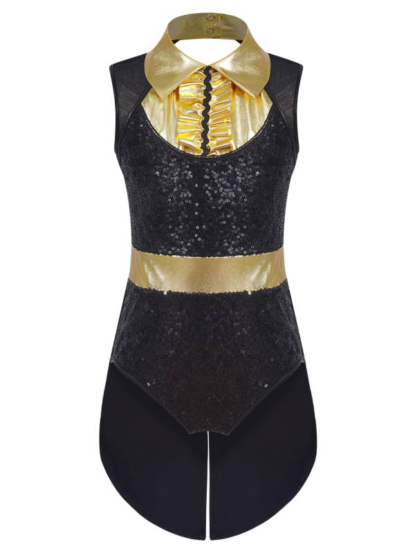 Kids Girls Sleeveless Sequins Tuxedo Bodysuit Circus Magician Costume thumb