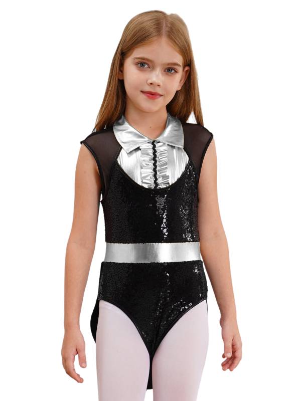 Kids Girls Sleeveless Sequins Tuxedo Bodysuit Circus Magician Costume thumb