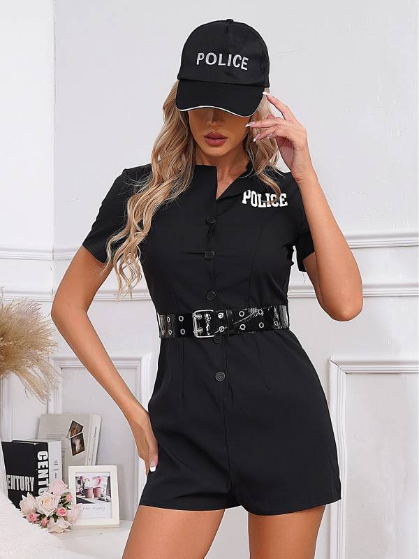 Women 3pcs Short Sleeve Rompers Police Cosplay Costumes Set thumb