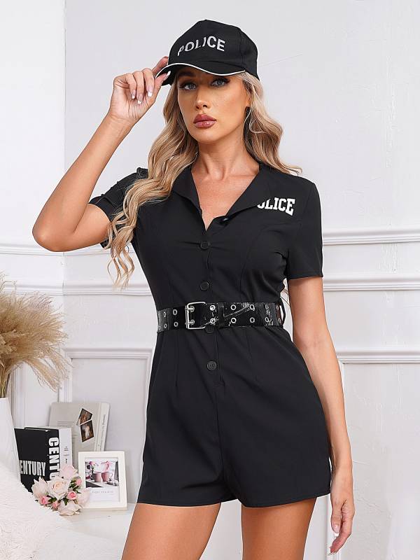 Women 3pcs Short Sleeve Rompers Police Cosplay Costumes Set thumb