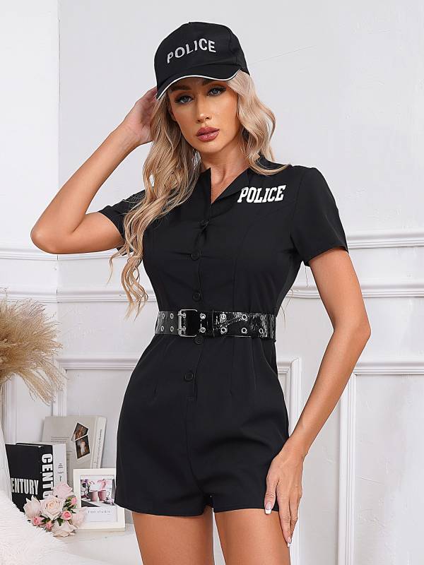 Women 3pcs Short Sleeve Rompers Police Cosplay Costumes Set thumb