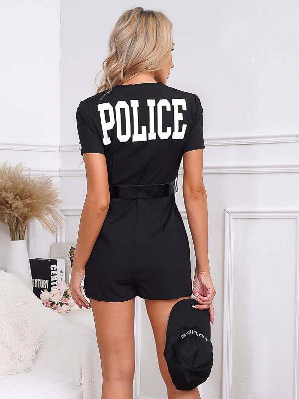 Women 3pcs Short Sleeve Rompers Police Cosplay Costumes Set thumb