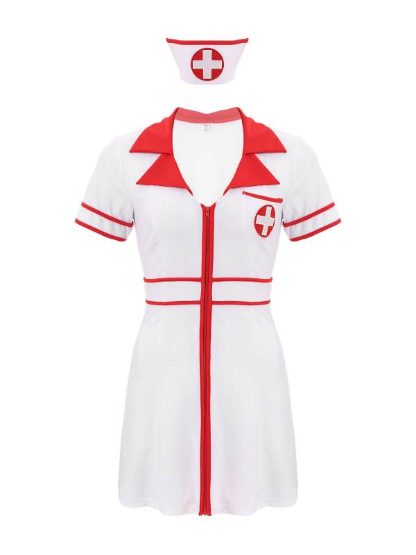 Women 2pcs Short Sleeve Front Zipper Nurse Costume Mini Dress with Headwear thumb