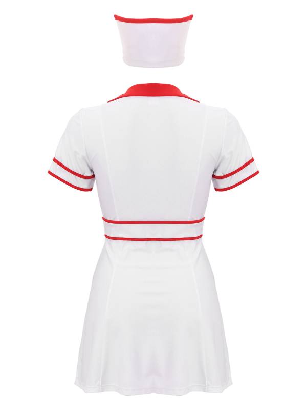 Women 2pcs Short Sleeve Front Zipper Nurse Costume Mini Dress with Headwear thumb