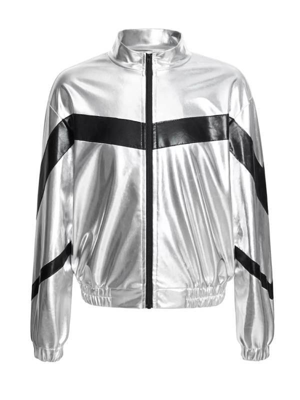 Kids Girls Metallic Glossy Zipper Jacket Coat thumb