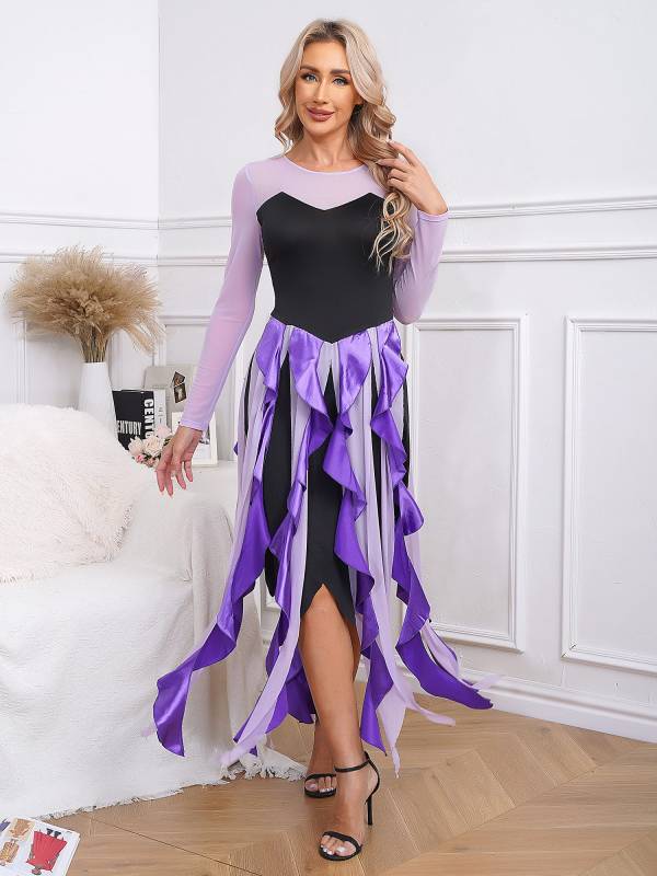 Women Halloween Witch Costume Mesh Long Sleeve Asymmetrical Dress thumb