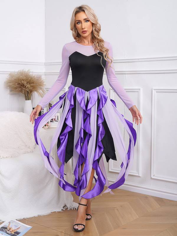 Women Halloween Witch Costume Mesh Long Sleeve Asymmetrical Dress thumb