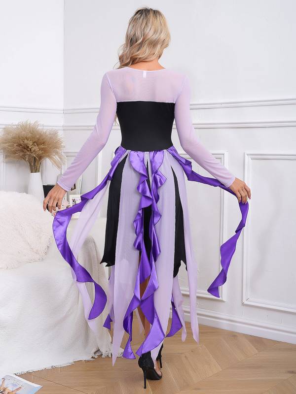 Women Halloween Witch Costume Mesh Long Sleeve Asymmetrical Dress thumb