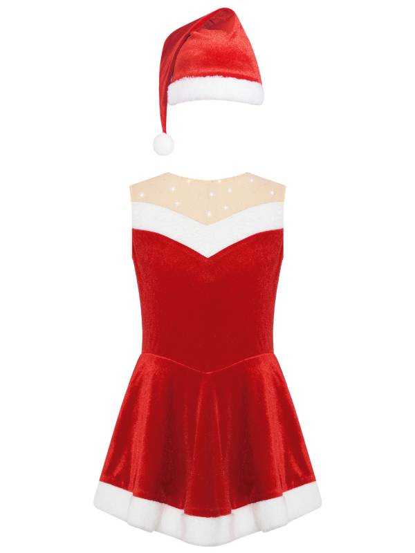 Kids Girls Christmas Sleeeveless Velvet Leotard Dress with Hat thumb