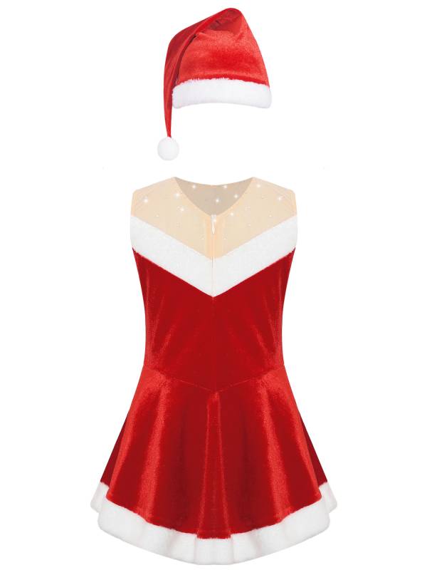 Kids Girls Christmas Sleeeveless Velvet Leotard Dress with Hat thumb