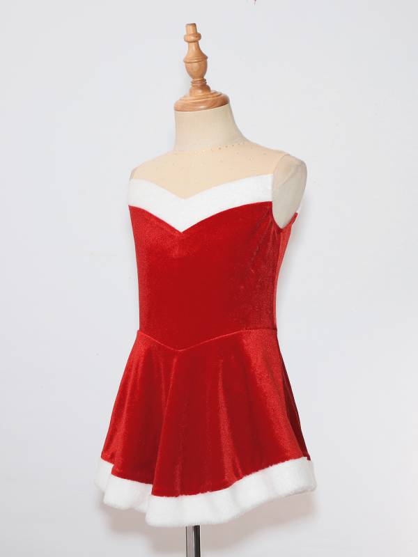 Kids Girls Christmas Sleeeveless Velvet Leotard Dress with Hat thumb