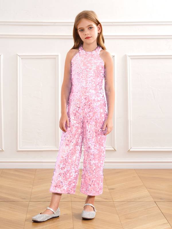 Kids Girls Sequin Halter Neck Strapy Back Sleeveless Jumpsuit thumb