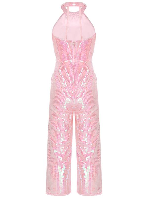 Kids Girls Sequin Halter Neck Strapy Back Sleeveless Jumpsuit thumb