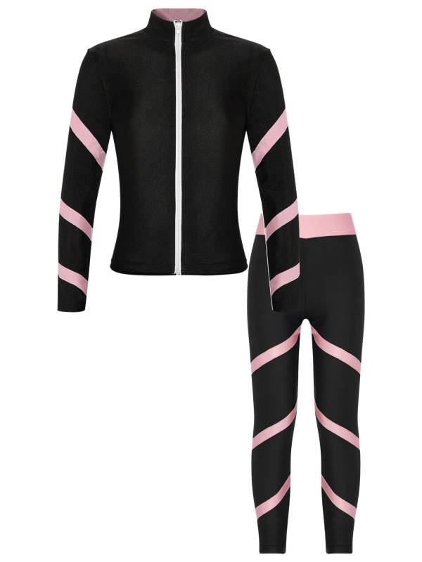 Kids Girls 2pcs Stripe Long Sleeve Zipper Sweatshirt and Leggings Sports Set thumb