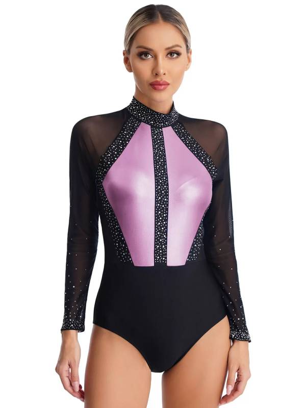 Women Sparkling Rhinestones Leotard Long Sleeve Gymnastics Bodysuit thumb