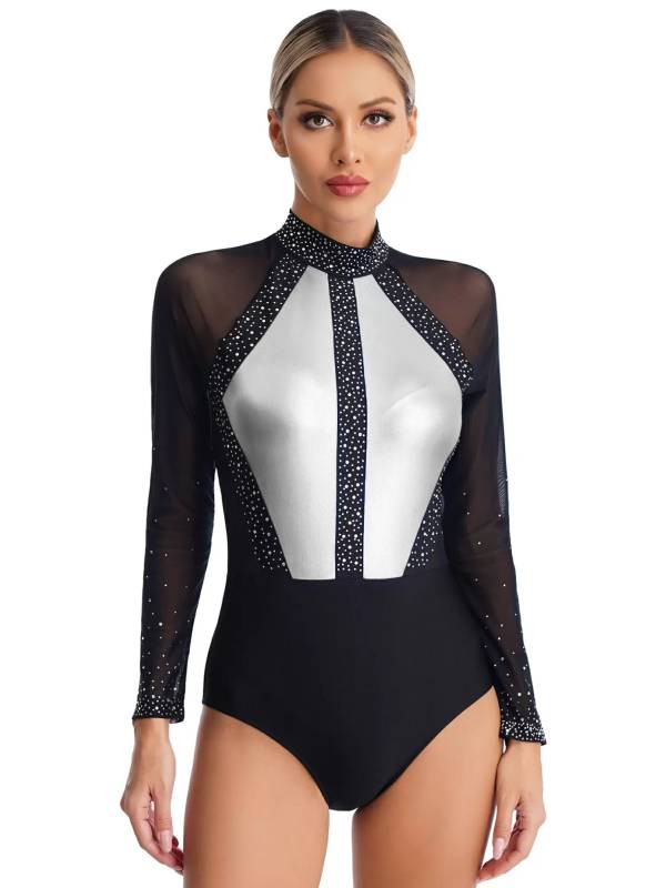 Women Sparkling Rhinestones Leotard Long Sleeve Gymnastics Bodysuit thumb