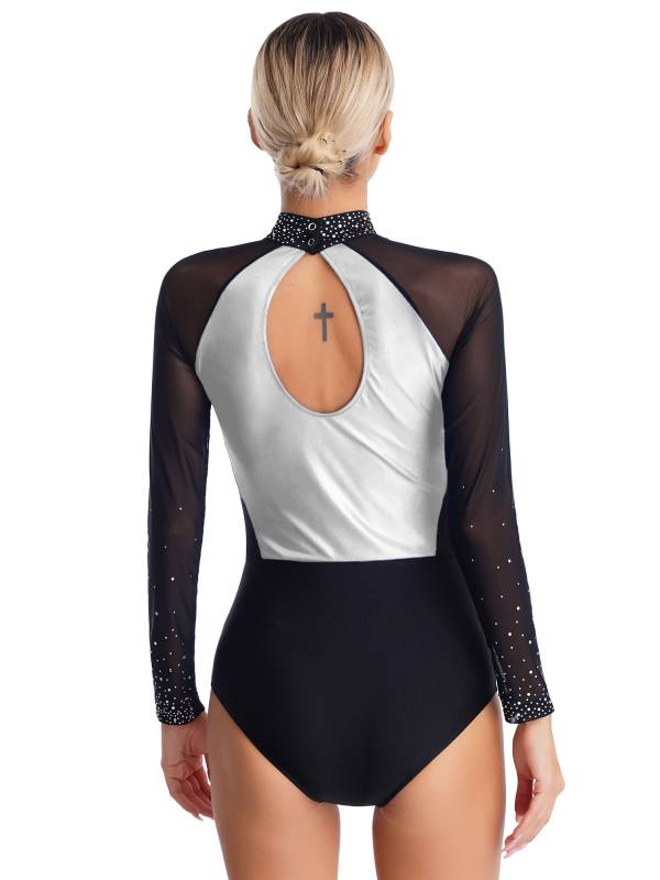 Women Sparkling Rhinestones Leotard Long Sleeve Gymnastics Bodysuit thumb