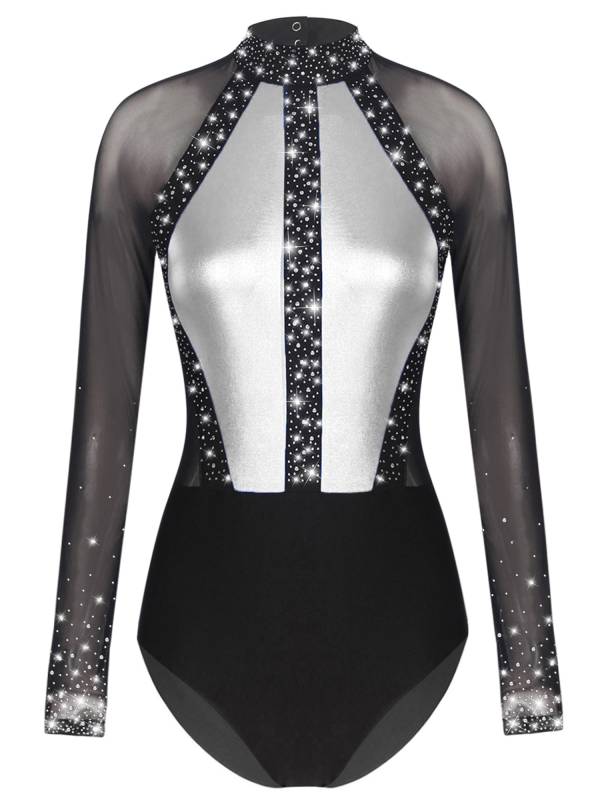 Women Sparkling Rhinestones Leotard Long Sleeve Gymnastics Bodysuit thumb