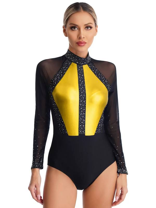 Women Sparkling Rhinestones Leotard Long Sleeve Gymnastics Bodysuit thumb