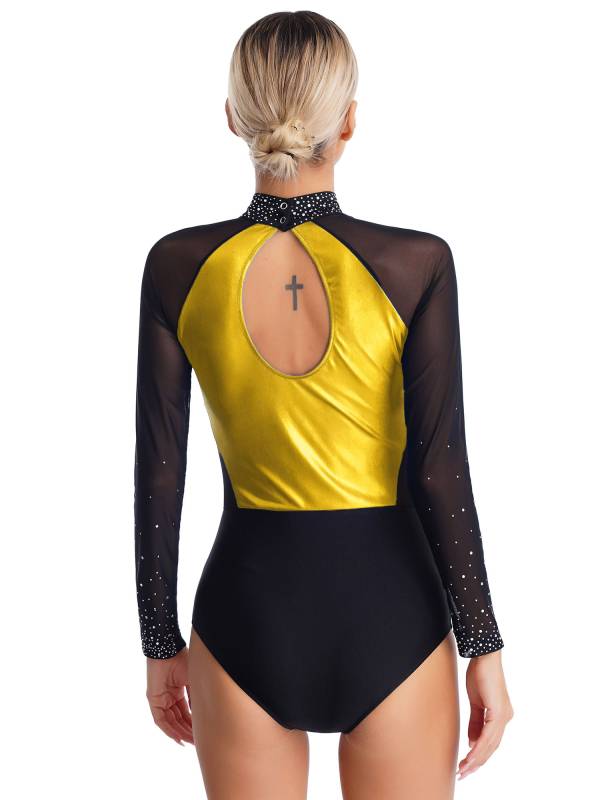 Women Sparkling Rhinestones Leotard Long Sleeve Gymnastics Bodysuit thumb