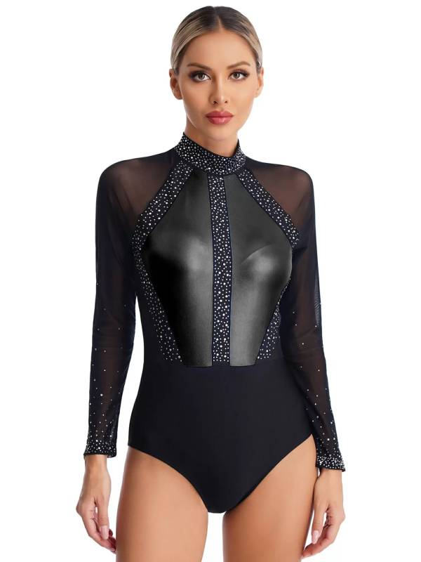 Women Sparkling Rhinestones Leotard Long Sleeve Gymnastics Bodysuit thumb