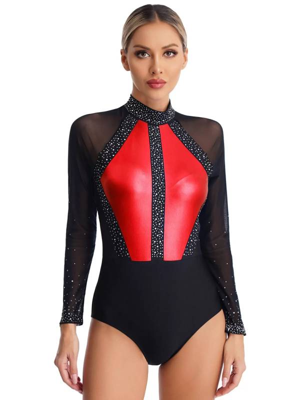 Women Sparkling Rhinestones Leotard Long Sleeve Gymnastics Bodysuit thumb