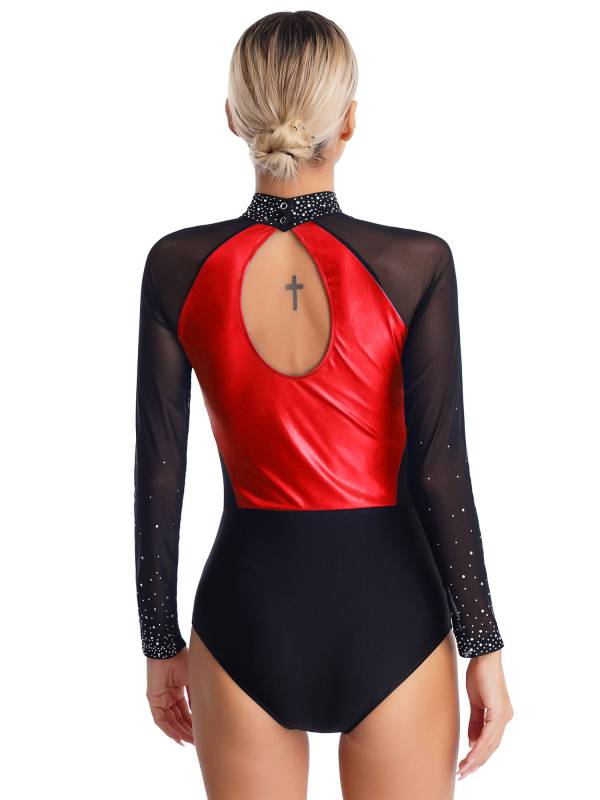 Women Sparkling Rhinestones Leotard Long Sleeve Gymnastics Bodysuit thumb