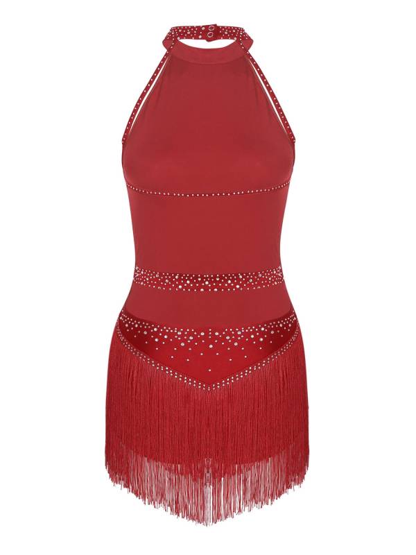 Women Shiny Rhinestones Sleeveless Tassel Latin Dance Leotard thumb