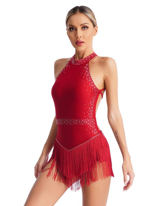 Women Shiny Rhinestones Sleeveless Tassel Latin Dance Leotard thumb