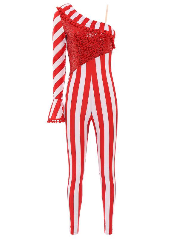 Women One Shoulder Sequin Pompom Stripes Christmas Candy Cane Jumpsuit thumb