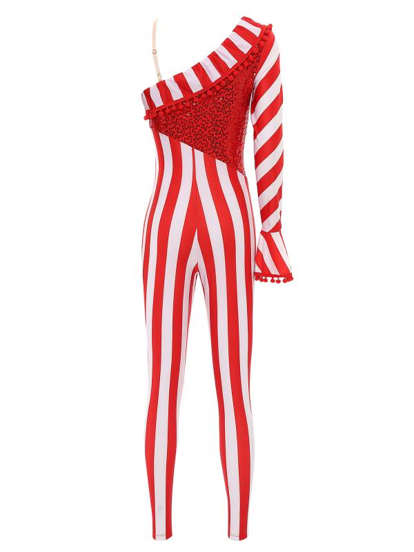 Women One Shoulder Sequin Pompom Stripes Christmas Candy Cane Jumpsuit thumb