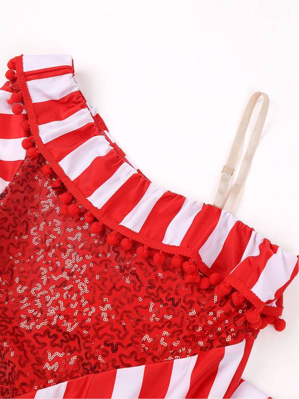 Women One Shoulder Sequin Pompom Stripes Christmas Candy Cane Jumpsuit thumb