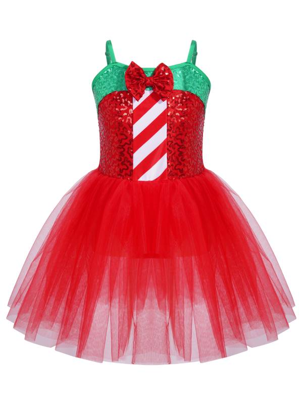 Kids Girls Christmas Sleeveless Sequins Bow Stripes Mesh Tutu Dress thumb