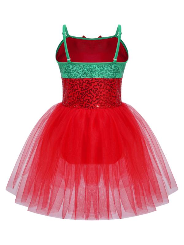 Kids Girls Christmas Sleeveless Sequins Bow Stripes Mesh Tutu Dress thumb